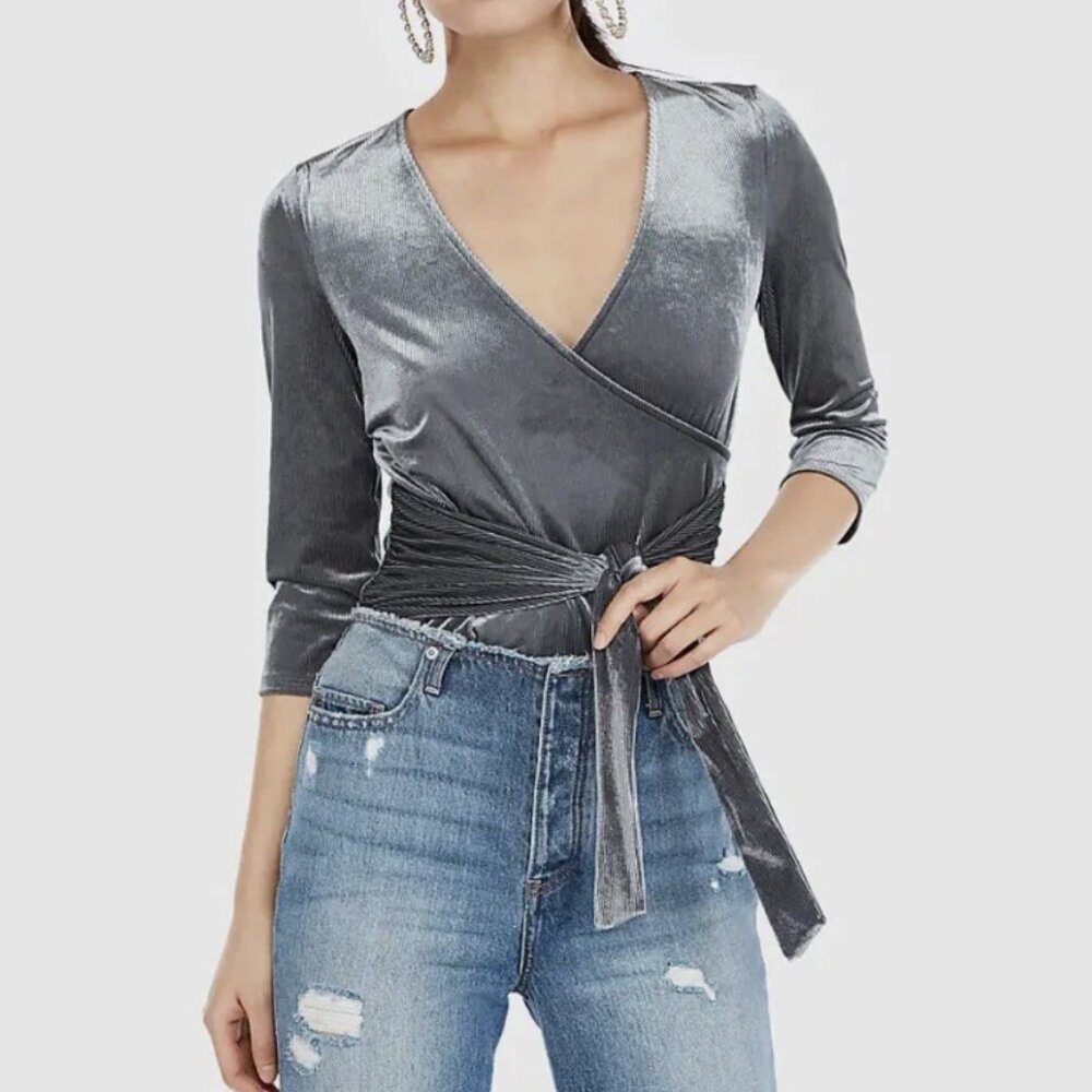 Vintage NWT Express Medium Gray Velvet Stretch‎ Wrap Tie Back Fitted Top Y2K